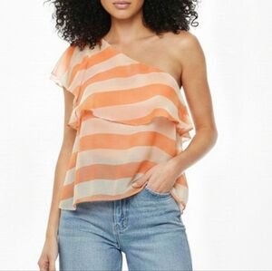 NEW BCBGeneration One Shoulder Ruffled Striped Top Size 8 Medium Orange Tan